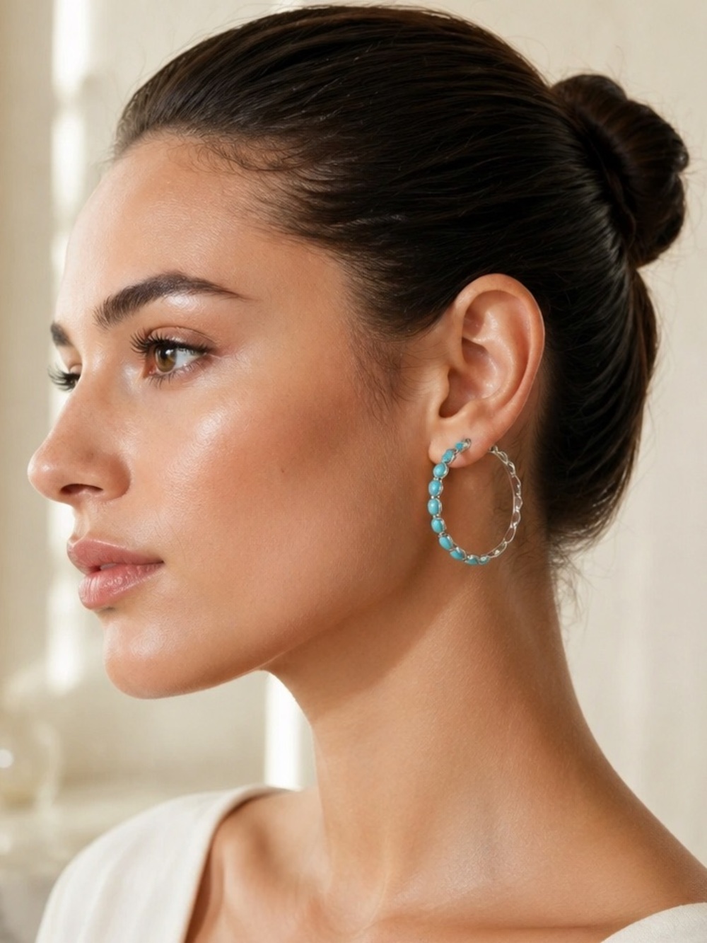 Western Turquoise Hoop Earrings Silver Boho Cowgirl 2” Statement Earrings Gift